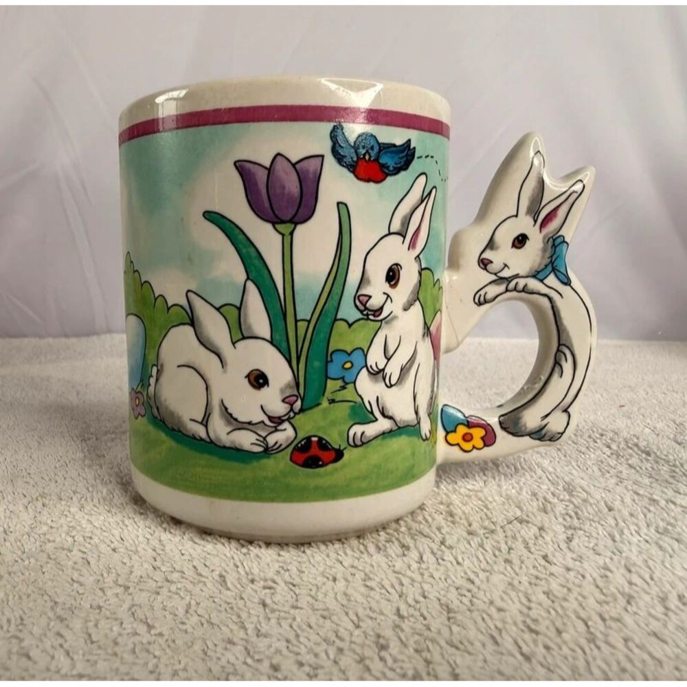 Vintage ceramic Easter mug featuring a 3D sculpted rabbit handle